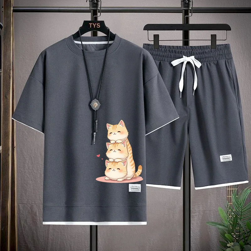 

Korean Sle Men's Summer Casual Sportswear ort Sve Five-Quarter Polyester T-irt And orts Set Youth Faion Streetwear