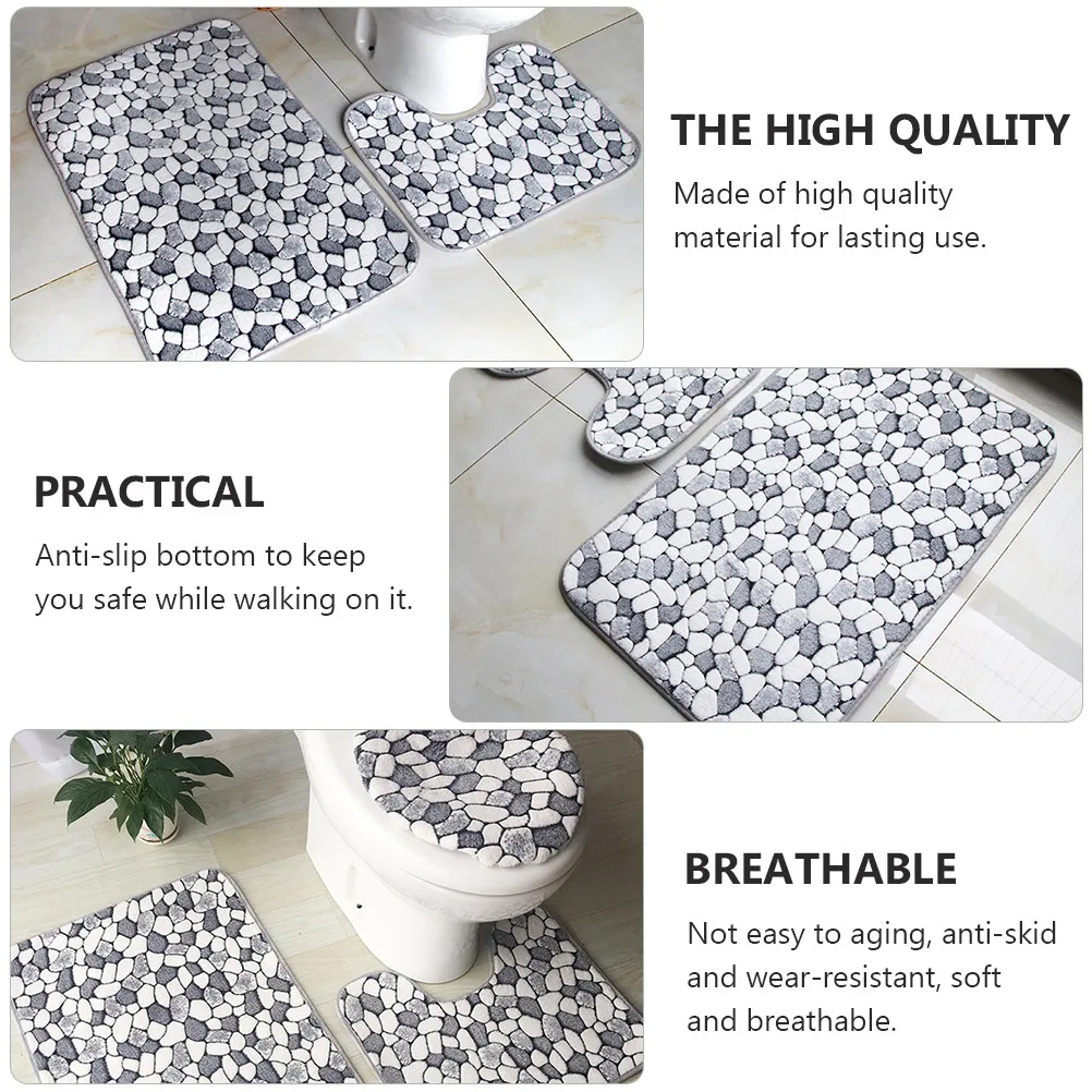 3Pcs Toilet Mat Set Bathroom Accessories Set Absorbent Quick Dry Coral Fleece Anti Slip Bottom Non Fade Bath Rug for Shower Area