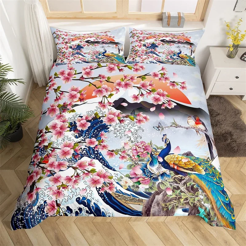 Cherry Blossoms Bedding Set Landscape Painting Duvet Cover Set Japanese Style Comforter Cover Polyester Abstract Art Quilt Cover