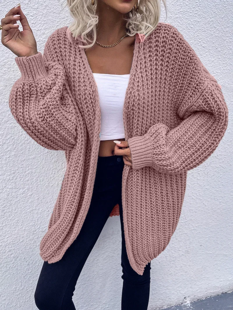 Women Loose Cardigan Lantern Sleeve v-neck full sleevel autumn winter spring knitted sweater solid grey black brown pink coat