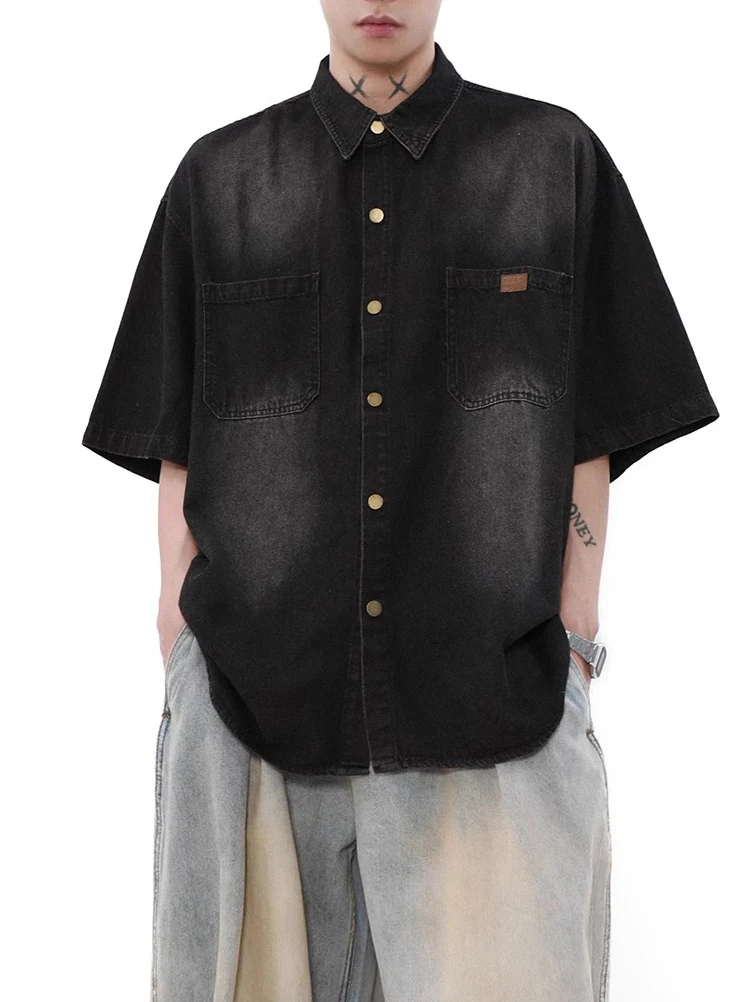 

Retro American Waed Denim ort Sve irt Summer Loose Fit Versatile f Sve Top Trendy Outerwear for Men