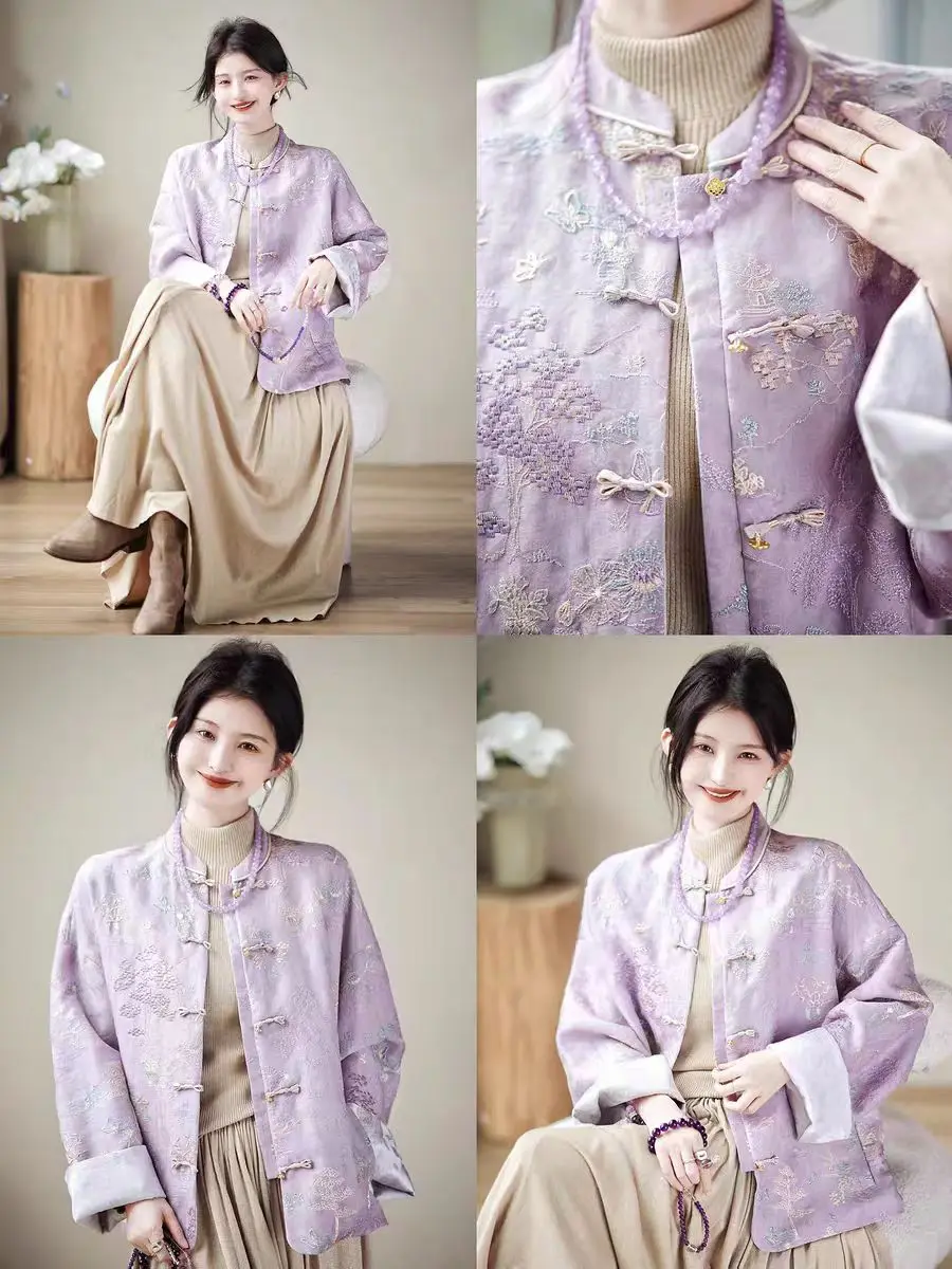 Chinese style double-sided silk embroidered jacket New Hanfu style comfortable soft luxury jacket High-end women's clothes