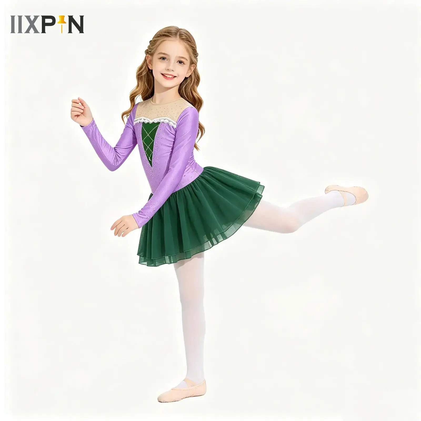

Princess Figure Skating Rhythmic Gymnastics Leotard Dress for Kids Girls Long Sleeve Shiny Rhinestones Lace Contrast Color Dress