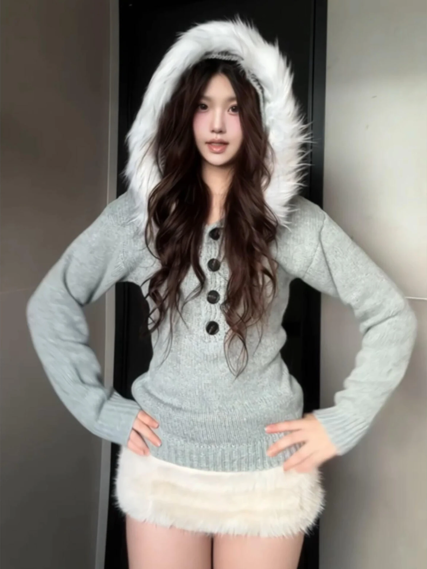 

Winter Faionable Korean Sle Dr Set Beautiful Unique College Sle Long Sve Knitted Sweater with Hat Girls Outfit