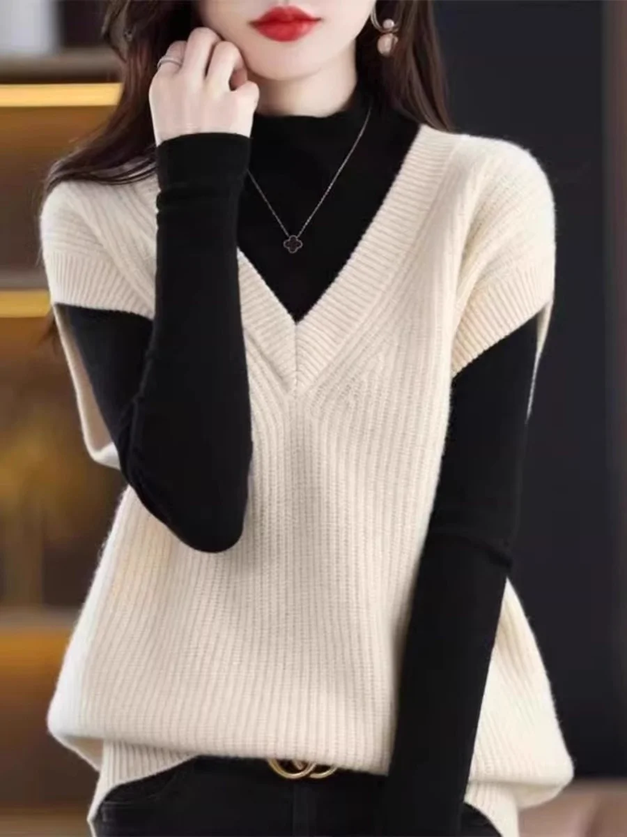 Ladies Thiened Large Size Woolen Vest Autumn New Sle V-Ne Svel Camere Cardigan Loose Korean Version Top