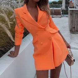 Autumn Orange Office Lady Blazer Lapel Long Sleeve Flap Pockets Double Breasted Mid-Length Formal Women Suit Coat Outerwear