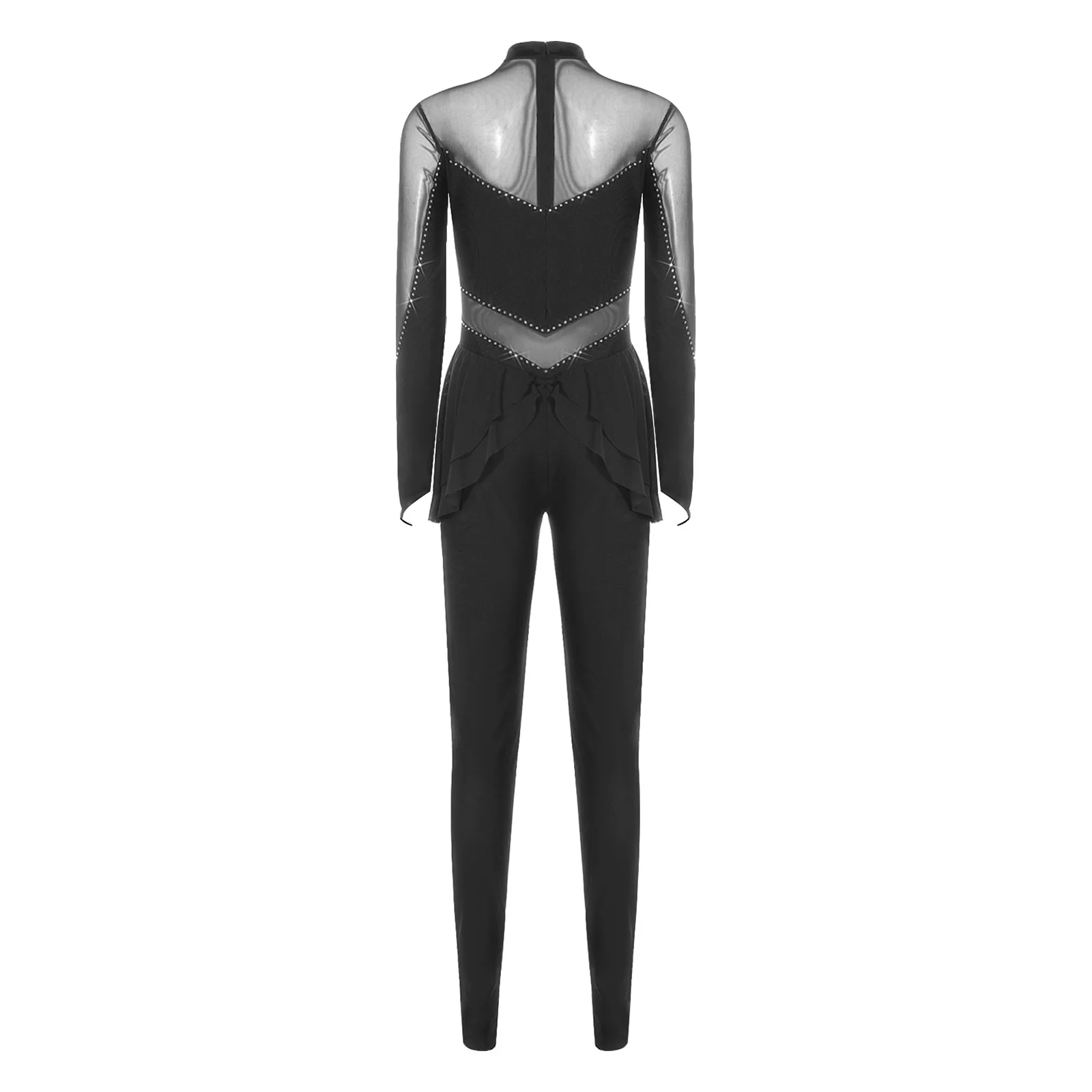 Dames kunstschaats jumpsuit pure mesh patchwork glanzende strass yoga legging met lange mouwen unitard voor gymnastiek dans