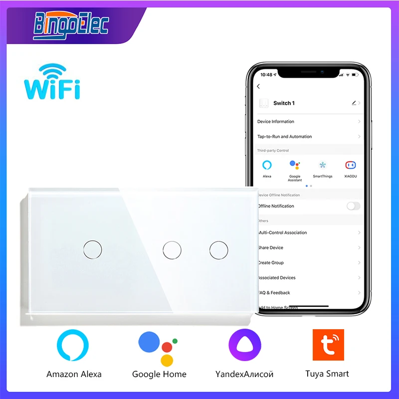 bingoelec wifi switch 3gang 1way interruptor de luz de parede inteligente cristal classe backlight sensor ligar desligar interruptores para casa inteligente 01