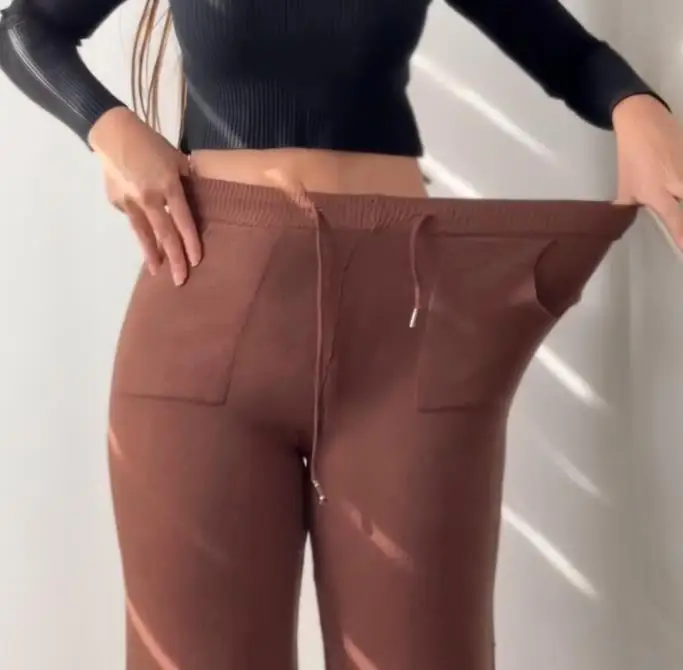 ジャカードニットベルボトムパンツ、ハイウエスト弾性ウエストスリムフィットカジュアルパンツ、秋と冬の女性のニットパンツ