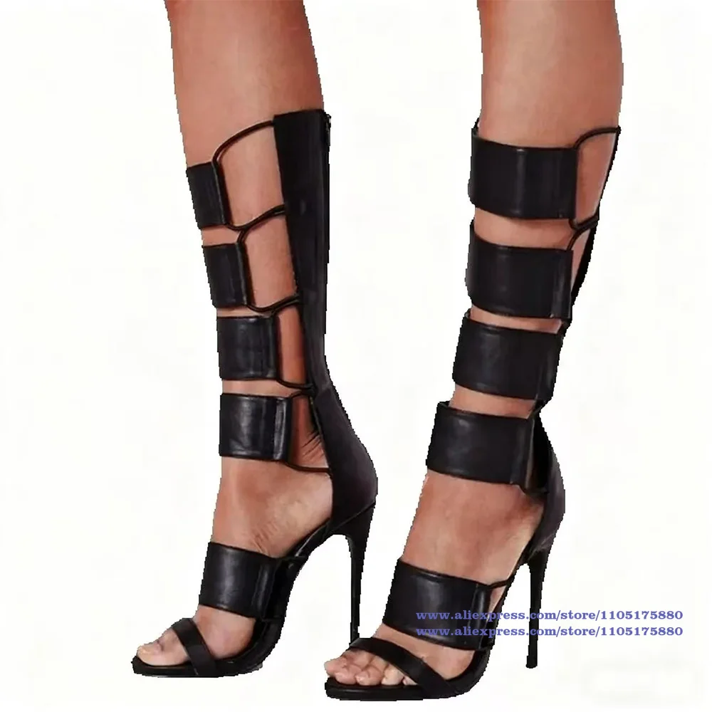 محبوس منصة صنادل طويلة إلى الركب أحذية المصارع القصاصات رقيقة الكعوب عودة زيبر حذاء برقبة للركبة Sandalias De Mujer Verano