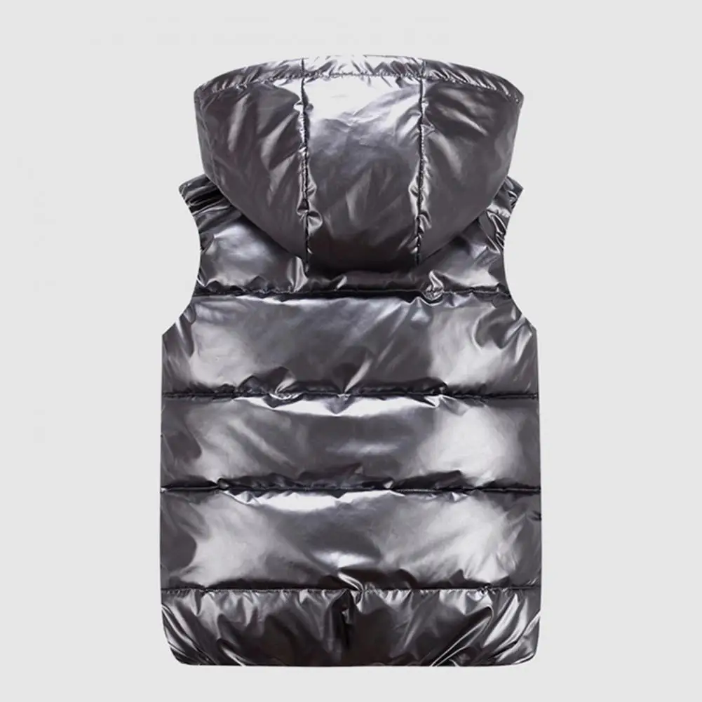 Men Cotton Vest Autumn Winter Hooded Sleeveless Zipper Placket Jacket With Pockets Solid Glossy Finish Down Quilted Vest Coat