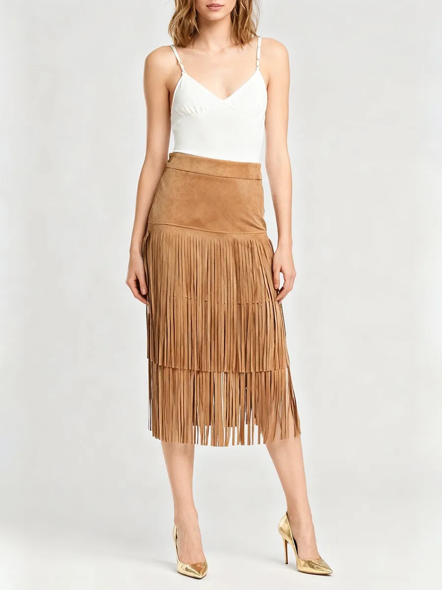 TWOTWINSTYLE Solid Spliced Tassels Design Sense Long Skirts for Women High Waist Temperament Skirt Female Fashion Clothing New