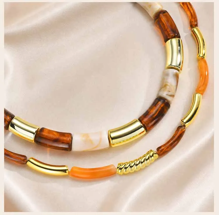 Chunky Harz-Perlenkette für Damen, 18K vergoldete Edelstahl-Röhrenperlen Statement Choker Halskette Vintage Schmuck Geschenk – Detail 5