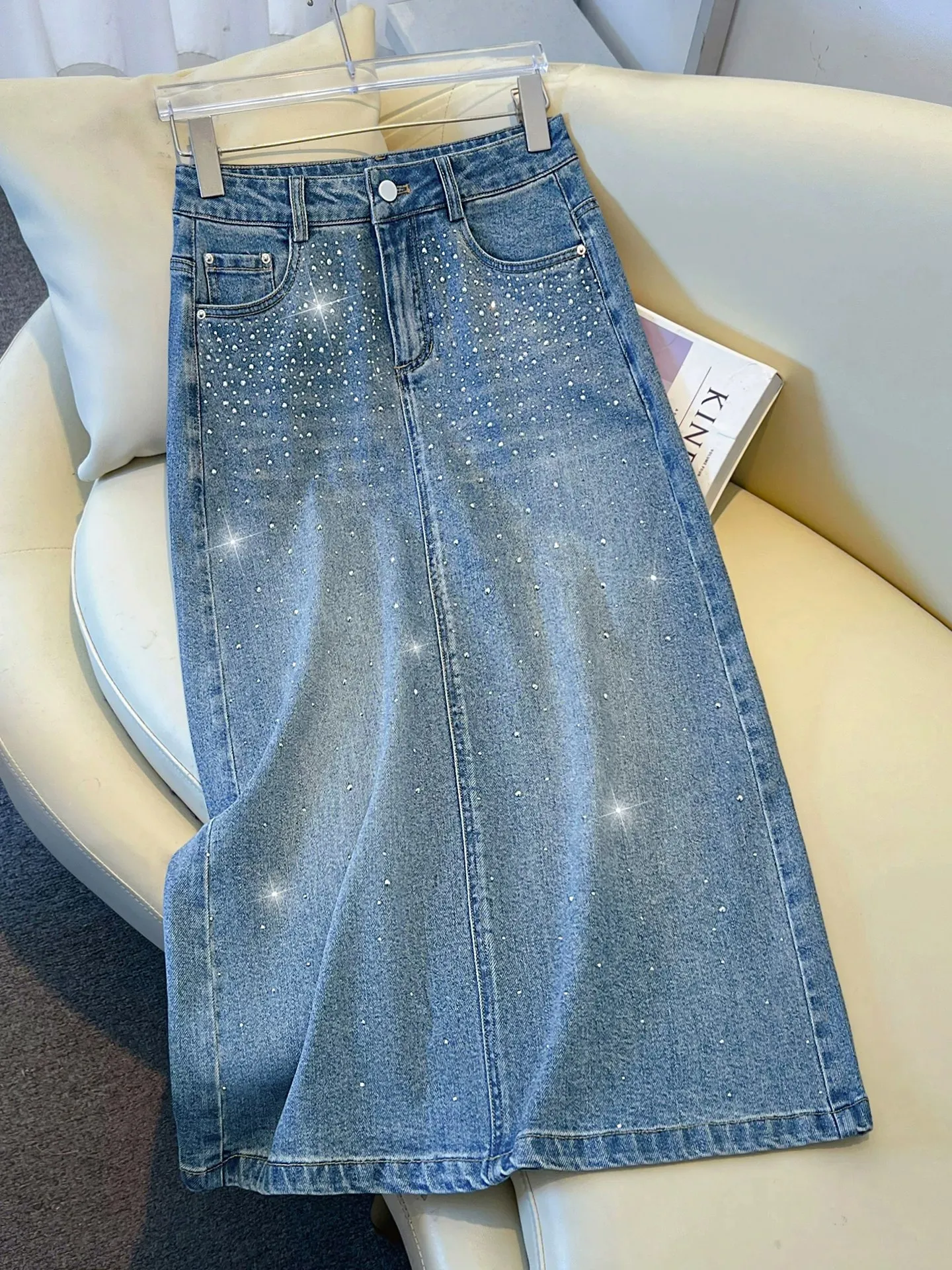 Blue Starry  Denim Skirt Mid-Length Straight High Waist Women's Spring 2026 Fashion Taped Diamond Skirt Korean Style