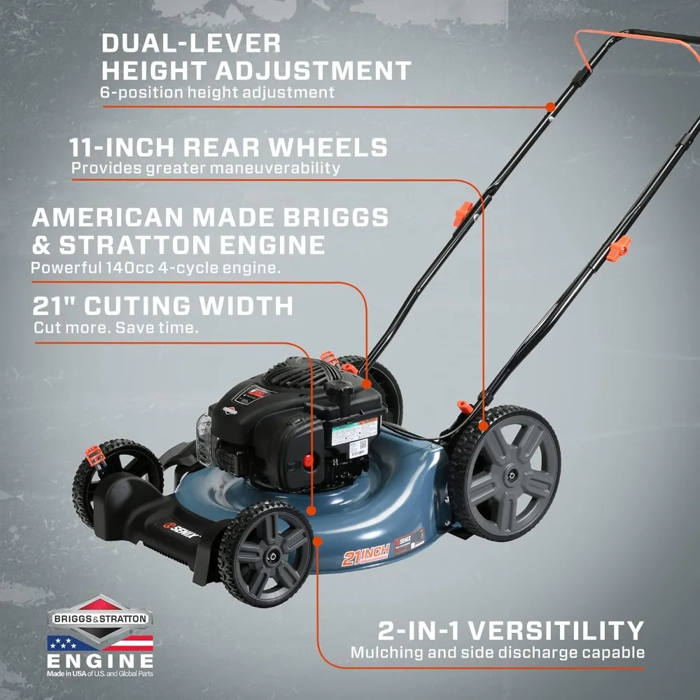 Gas Push Lawn Mower, 21-Inch, 140 cc 4-Cycle Briggs & Stratton Engine, 2-in-1 Push Lawnmower, 6-Position Height Adjustment