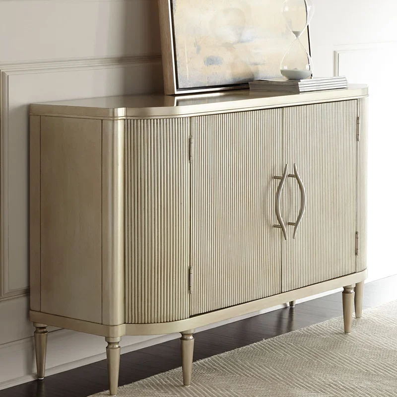 

01 Nordic champagne gold light luxury solid wood semicircle living room entrance locker decorative side cabinet