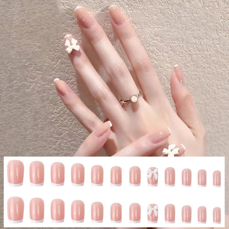 Prego falso branco bowknot fresco cor nude francês dicas cabeça quadrada falso prego cobertura completa acrílico para unhas meninas