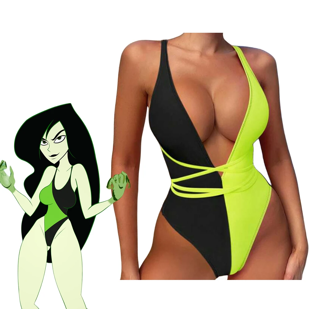 

Anime Shego Cosplay Swimsuit Women Sexy Deep V Lace Up Bodysuit Beach Bathing Suit Halloween Carnival Pool Party Bikini Swimwear