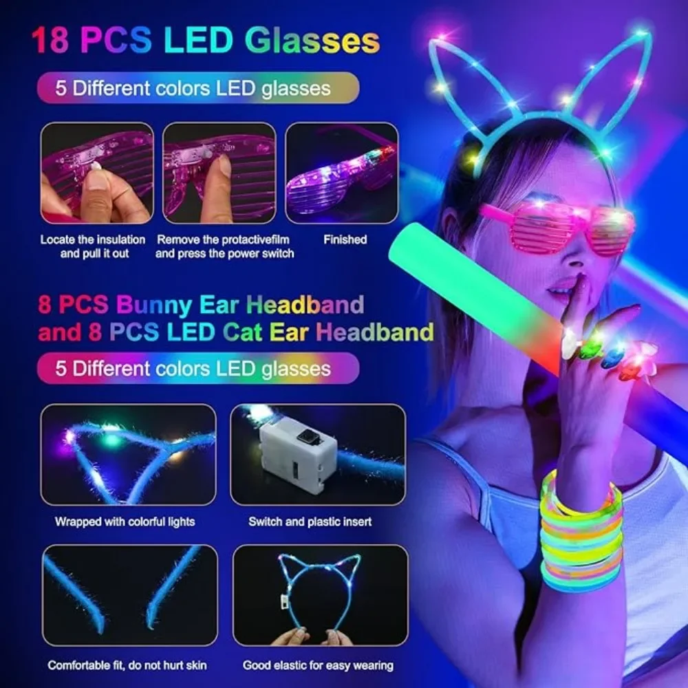 282PCS Party Supplies:include Foam Glow Sticks, LED Glasses, Finger Lightsc Bunny Ear Headband and LED Cat Ear Headband