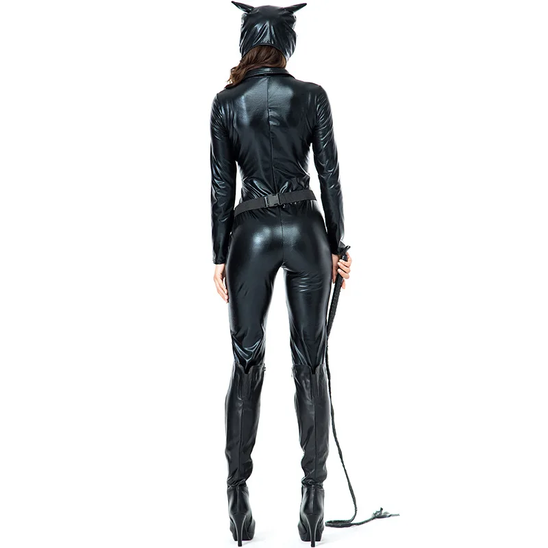 Black PU Cat Costume for Halloween Adult Women Carnival Party Catsuit DJ Bodysuit