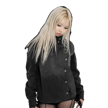 Y2K Vintage Black Denim Two Piece Set Asymmetric Button High Neck Jacket Baggy Wide Leg Pants Streetwear Gothic Harajuku Outfits 4