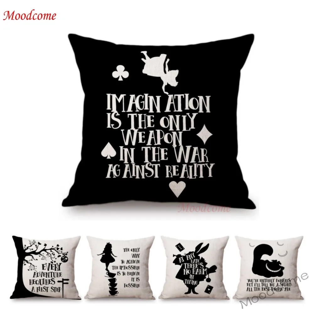 Nordic Black White Alice Wonderland Letters Print Quotes Art Home Decorative Sofa Throw Pillow Case Linen Kids' Cushion Cover