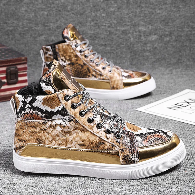 

New Fashion Men Gold Sneakers Leather Bright Silver Ankle Boots Mens High top Casual Shoes Comfort Flat Vulcanized Shoes Men