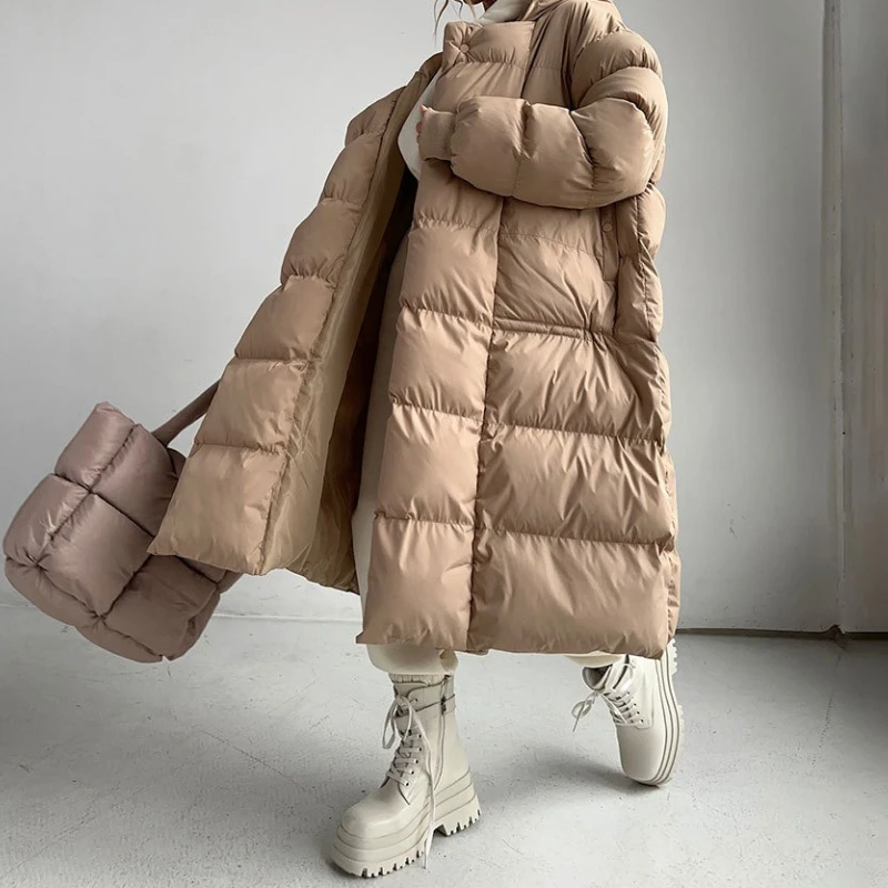 Long Women's Cotton-padded Jacket 2025 Winter Warm Thick Dark Button Long Hooded Cotton-padded Jacket Coat
