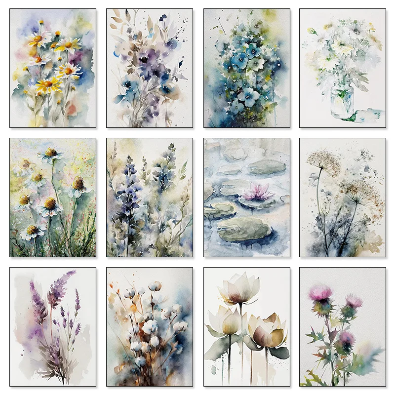 مرج الزهور البرية المائية المشارك قماش اللوحة ديزي الشوك ننسى لي النرجس البري جدار الفن HD صور مكتب ديكور المنزل