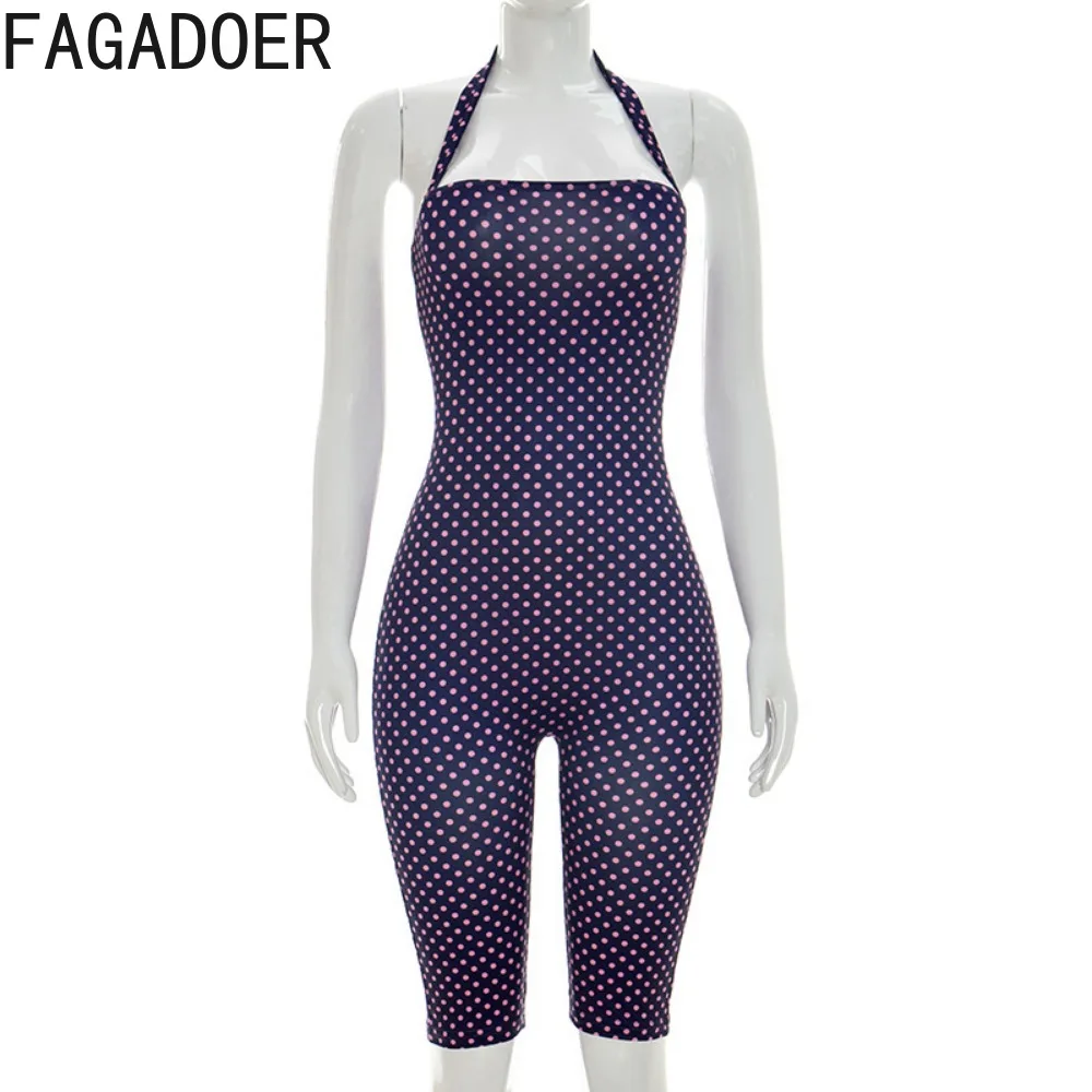 FAGADOER Sexy Polka Dot Halter Romper Fashion Print Backless Bodycon Jumpsuits Women Summer Streetwear Party Club Playsuits New - Image 5