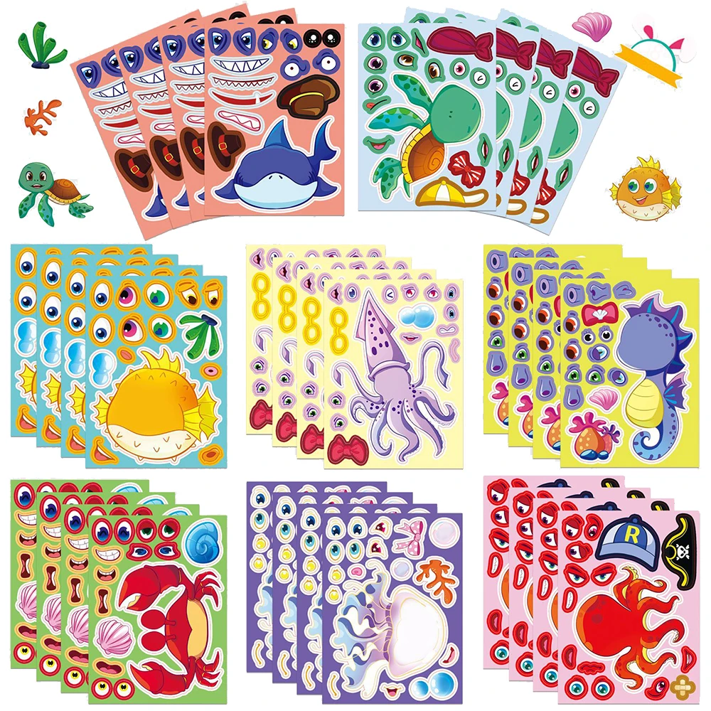 8/16sheets Cartoon Marine Life Make a Face Stickers Cute Shark Octopus Puzzle Game DIY Assemble Jigsaw Decals Party Reward Gifts
