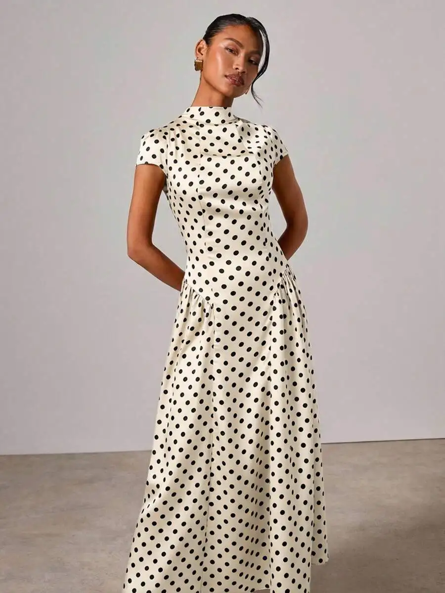 

Women Polka Dot High Neck Short Sleeve Fitted Elegant Long Dress