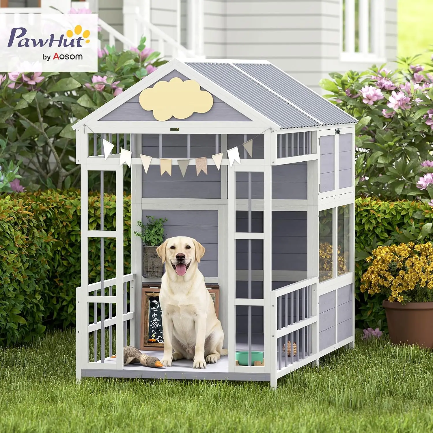 Wooden Dog Shelter, Weatherproof Roof, Elevated Floor, Air Vents & Observation Windows, Large Pet Shelter for Large Breeds