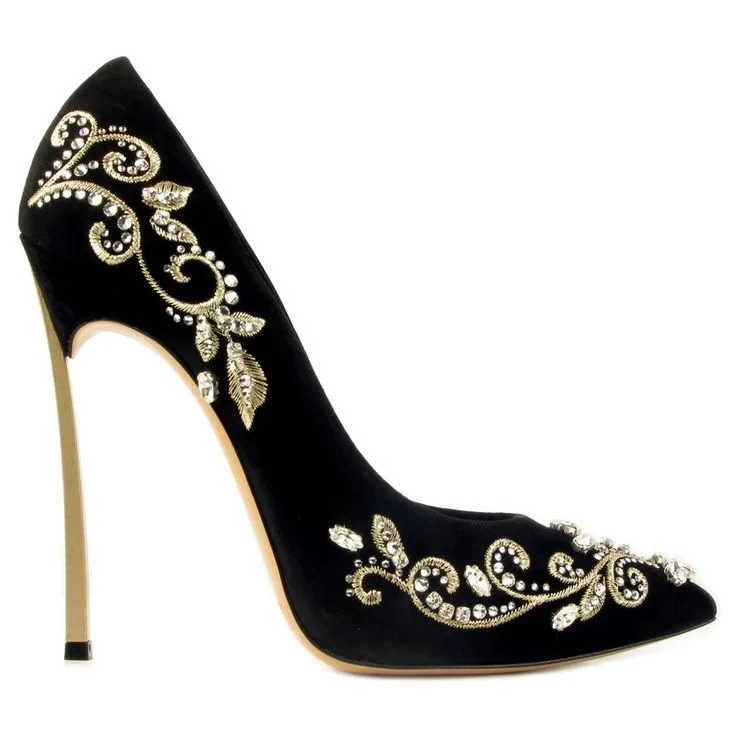 Black and Gold Embroidered Wedding Pumps Stiletto Heels Pointed Toe Classic Sexy Women Rhinestone Flower Summer Casual Sandals