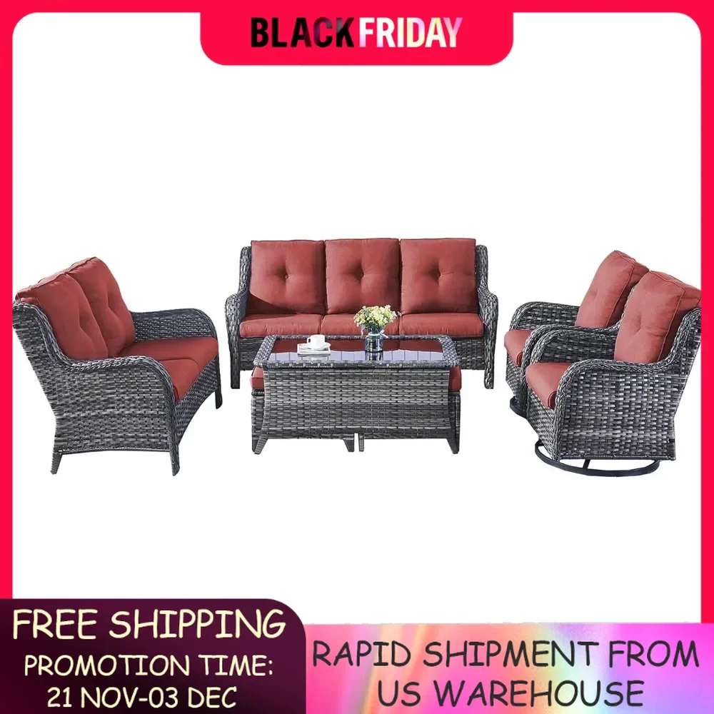 Rattan Outdoor Sectional Conversation Sets, 2 Rocking Swivel Chairs, 1 Sofa, Outdoor Furniture, Free Shipping, 7 Pcs