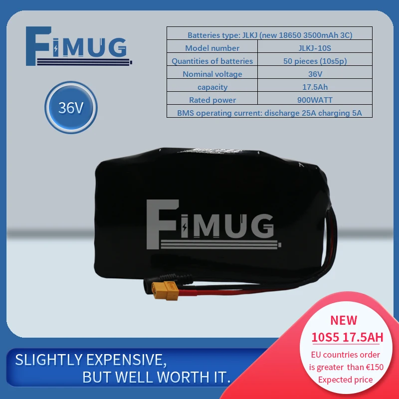 36V 10S5P 17.5Ah 18650 Lithium-ion Battery Pack with Built-in BMS Protection Board for Electric Motorcycles and Bicycles