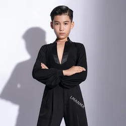 New Kids Boy Latin Dance Costumes Children Long Sleeve V-Neck Ballroom Dance Training Clothes Cha Cha Rumba Dancewear G