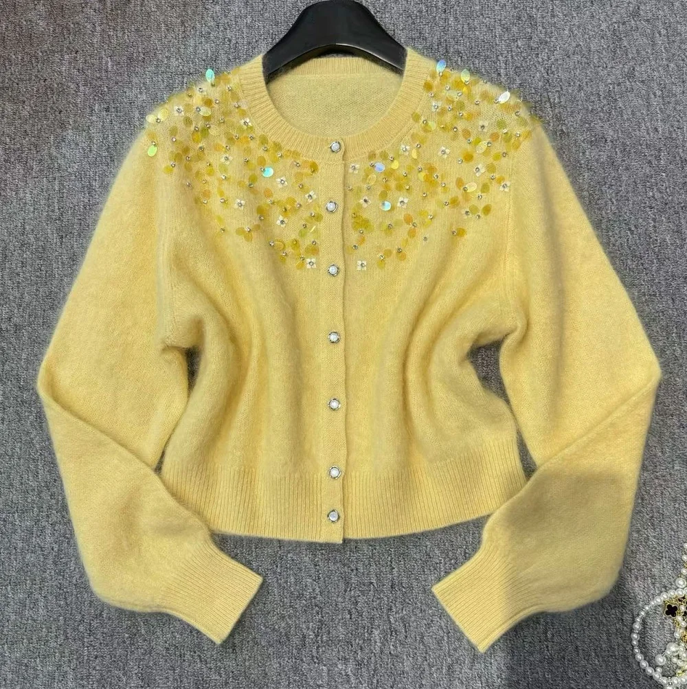 Top Quality New Wool Knitted Cardigans 2026 Autumn Winter Knitwear Women Sequined Flower Patterns Casual Soft White Yellow Top