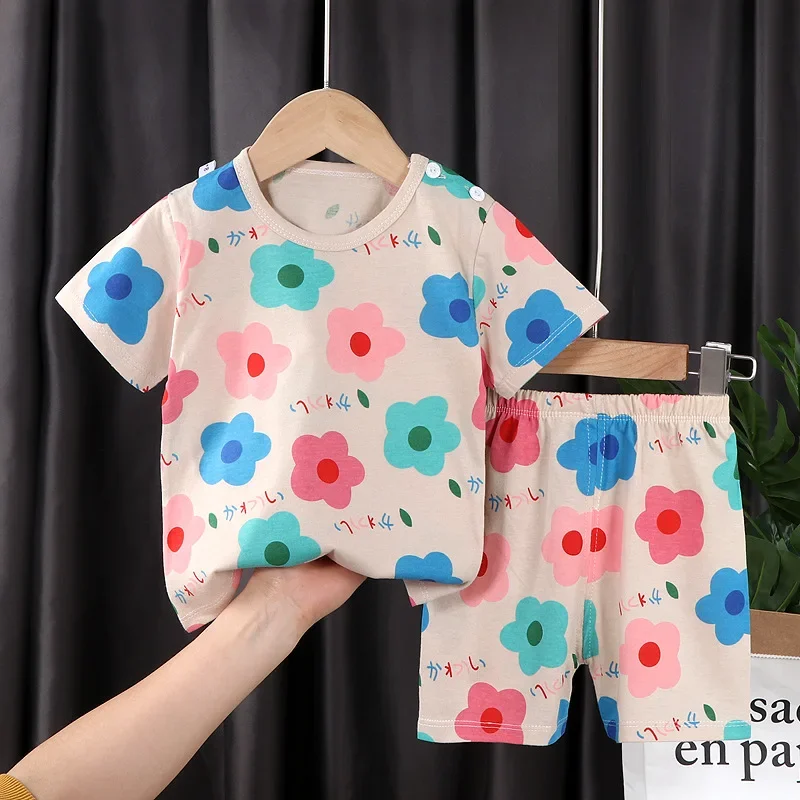 

New Kids Summer Pure Cotton Pajamas Boys Girls Cute Cartoon O-neck Short Sleeve T-Shirt Top + Shorts Toddler Baby Clothing Sets