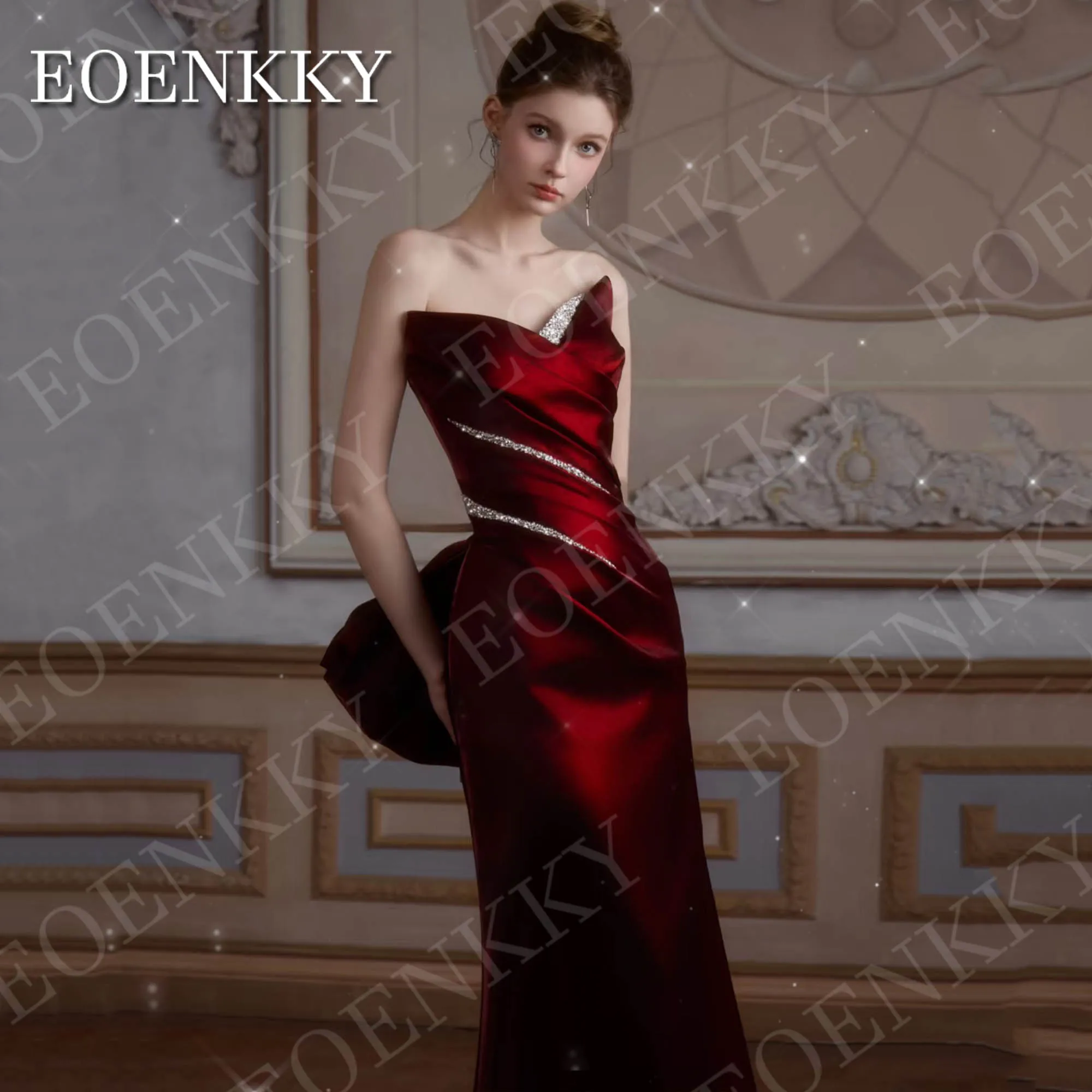 EOENKKY Borgogna Abito da sera elegante per donna Senza spalline Scollo a V Sirena in raso Abiti da festa formali Abiti personalizzati Borgogna elegante abito da sera per donna senza spalline V collo raso sirena formal