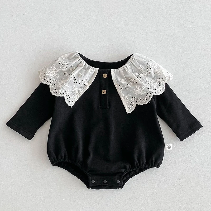 2025 New Spring 0-24M Children Clothes Korean Style Climbing Suit Long Sleeved Cotton Lace Splicing Toddler Baby Girls Romper