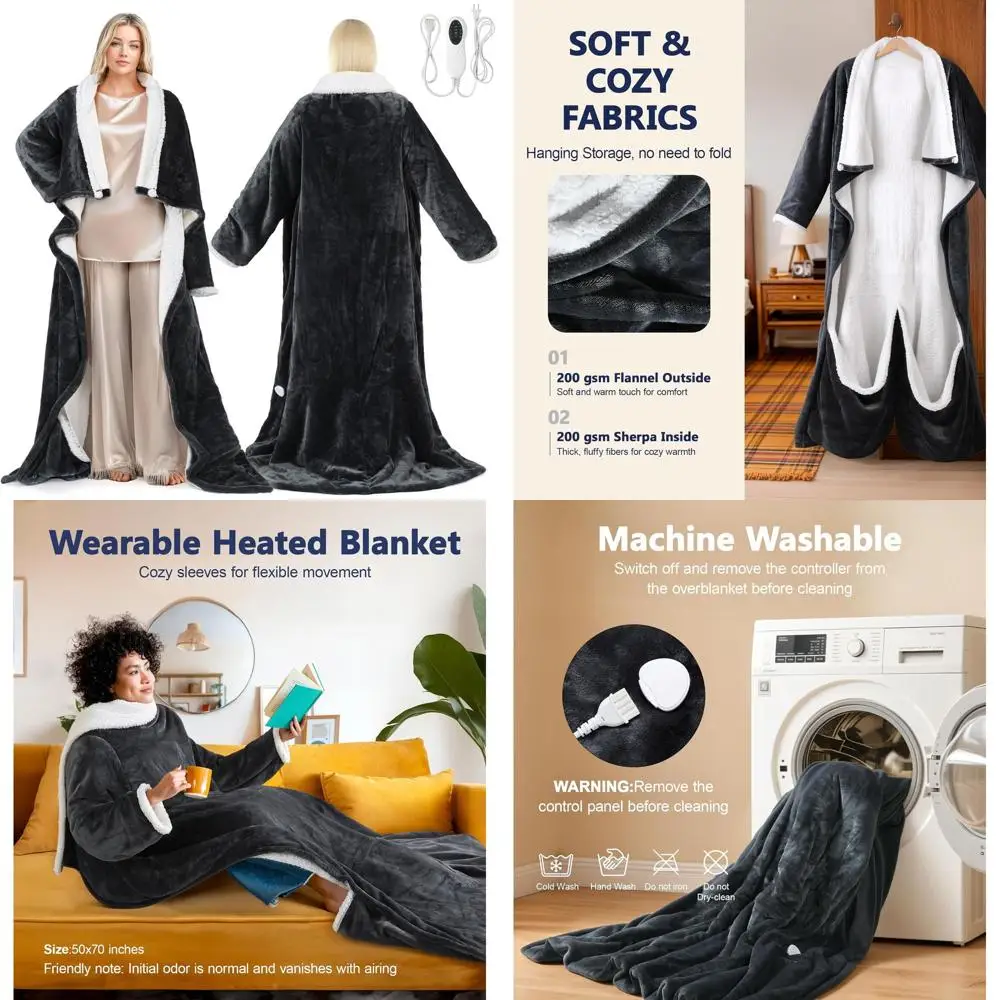 

Heated Wearable Blanket with Foot Pocket, Adjustable Sleeves, Flannel & Sherpa, 10 Heat Levels, 2-8H Auto-Off, 50x70, Dark Grey