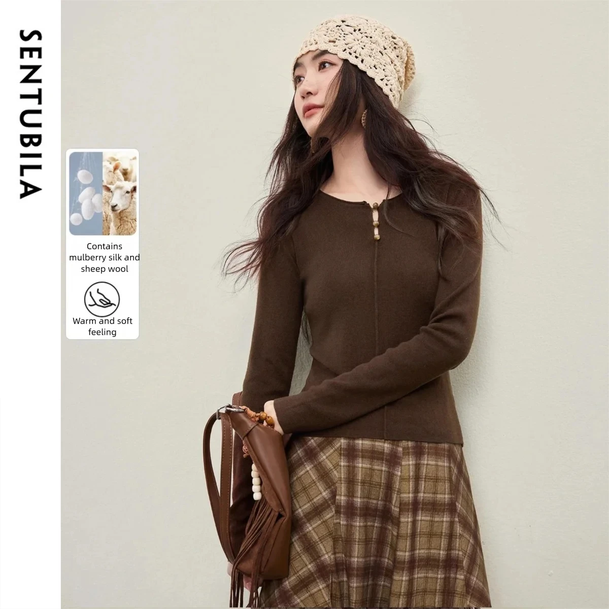 

SENTUBILA Women's Knitted Sweater Wool Blend O-neck Hollow-out Knitwear 2025 Winter New Soft Slimming Woman Clothing W61HA5399