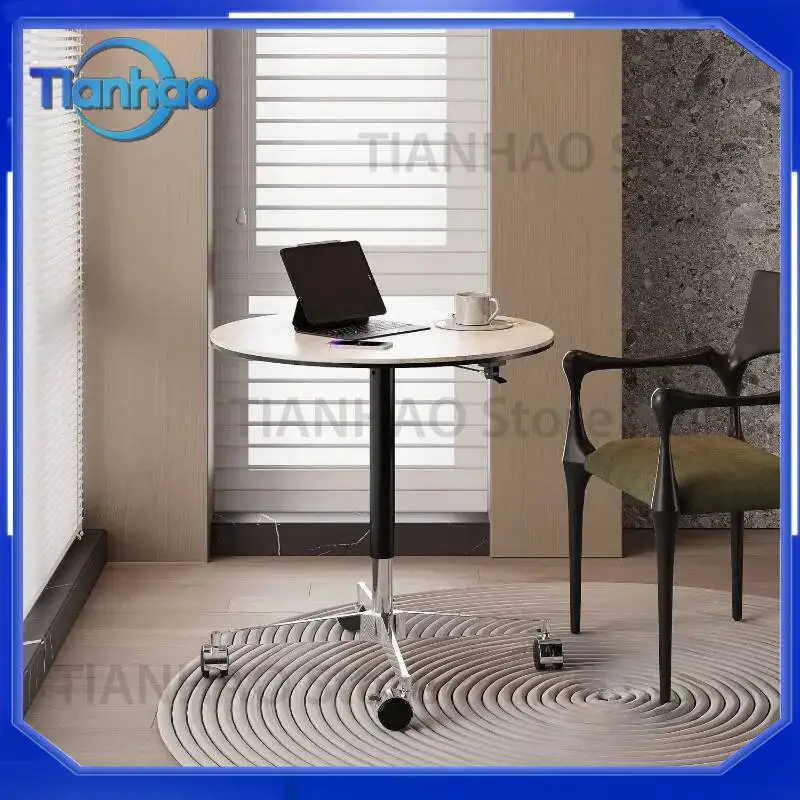 Rolling Top Marble Coffee Table for Modern Round Side Table with Wheels Adjustable Height Living Room Accent Table