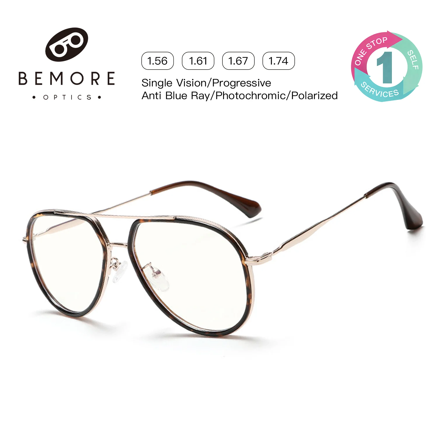 bemore-パイロットメタル-ブルーライトカット-老眼鏡-男性用-近視用-カスタマイズ可能な度数調整機能付き-度数0～-400