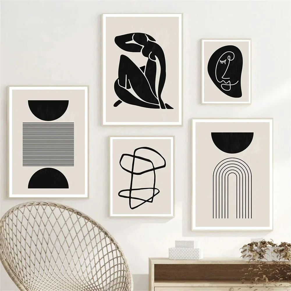 Affiche de lignes de corps abstraites, peinture sur toile noire et Beige, impression d'art mural nordique, image de salon, décoration de la maison, peinture murale
