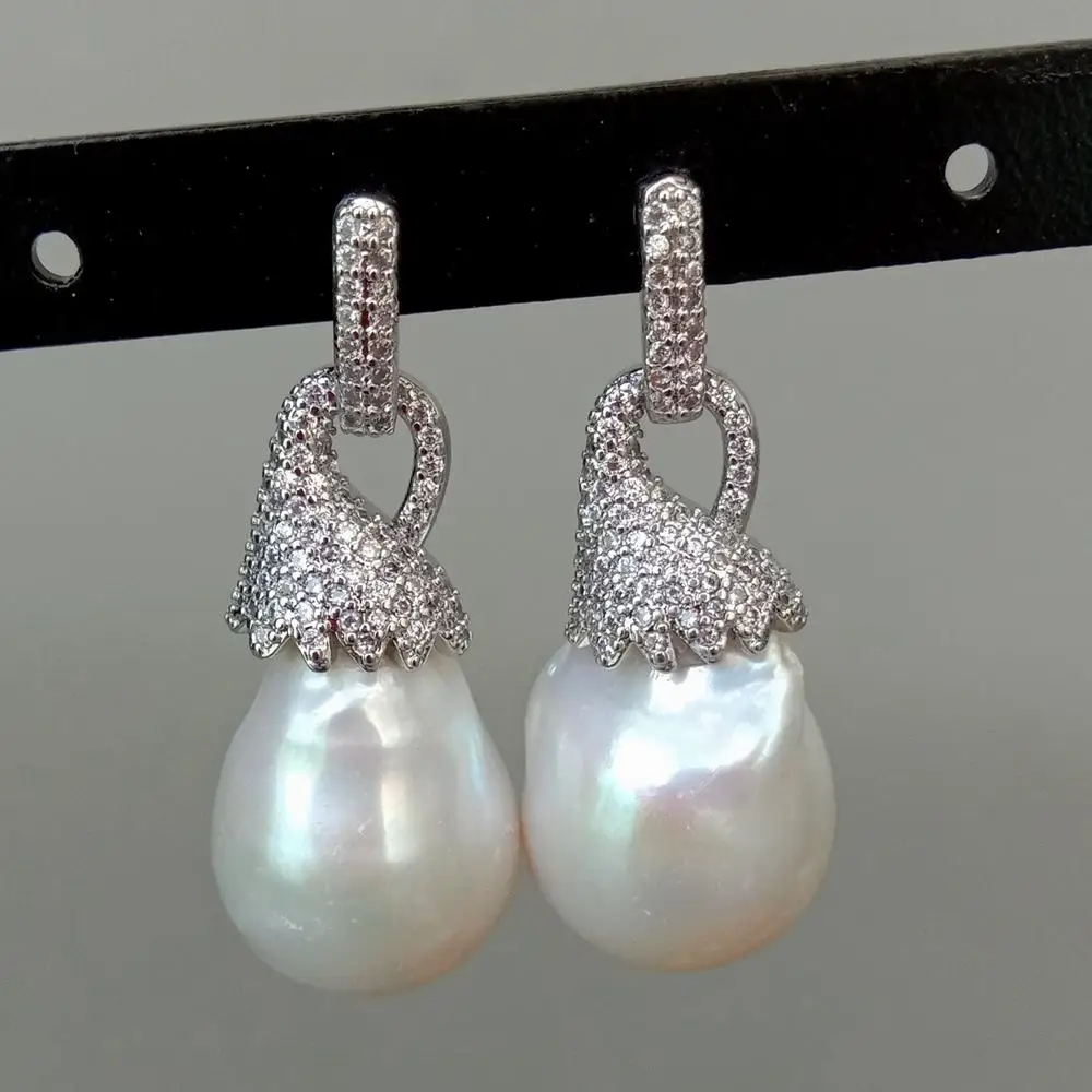 YYGEM 14x21MM Cultured White Keshi Pearl White cz pave silver color plated Stud Earrings