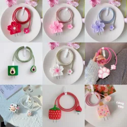Juego de 4 Protectores de Cable de Carga con Diseño de Flor para iPhone, Cubierta Protectora para Cargador de 18/20w, Accesorios para iPhone 14 15