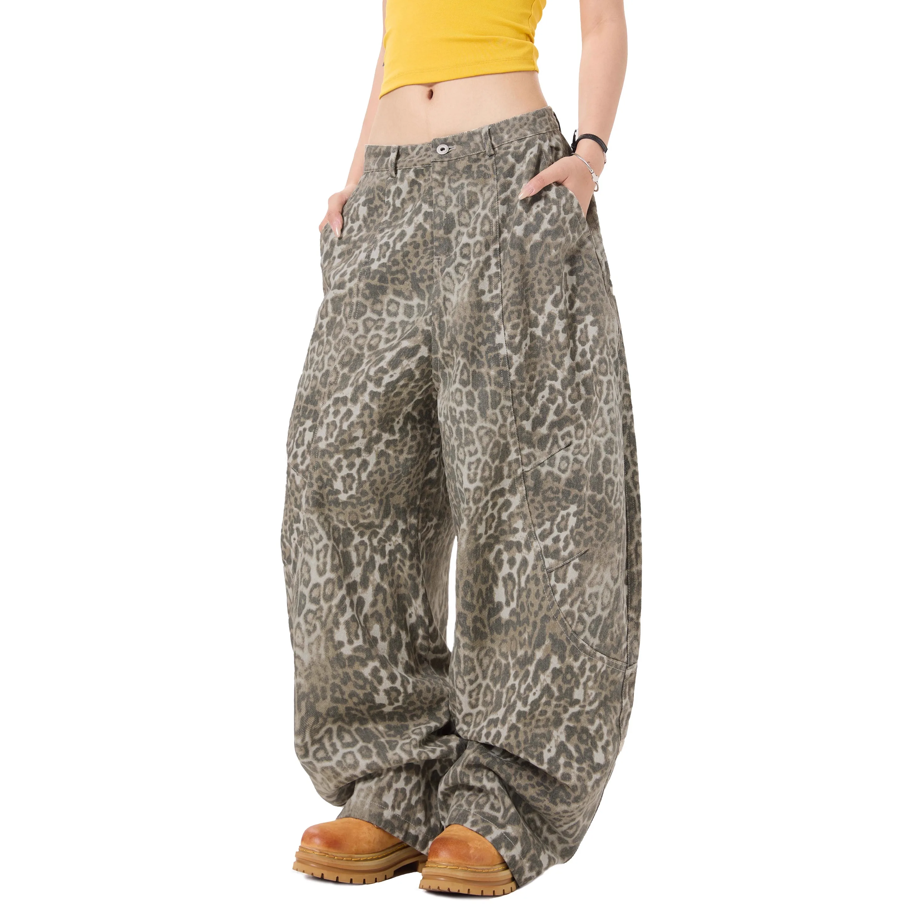 

Y2K Leopard Jeans for Women Wide Leg Trousers 90s Punk Fashion High Waist Oversized Casual Pant Street Style