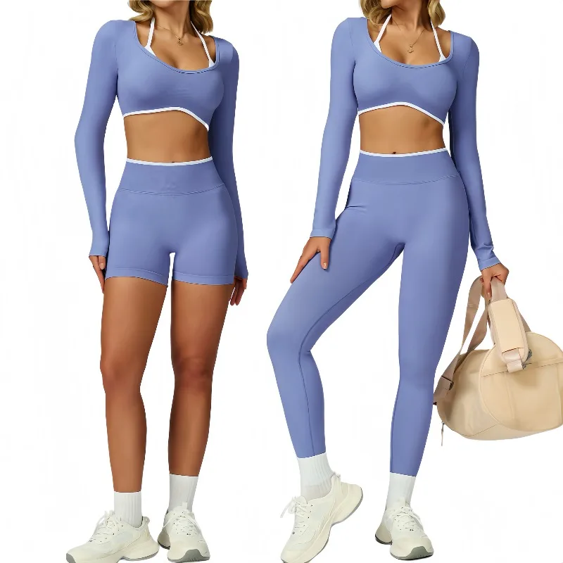 

New S-2XL Seamless Color Contrast Yoga Set Hollow Back High Waist Fitness Clothing Outdoor Running Long Sleeve Set for Women